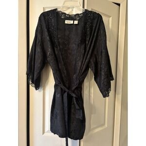 Vtg Victoria's Secret Robe Womens‎ OS Black Jacquard Lace Sequined Lingerie